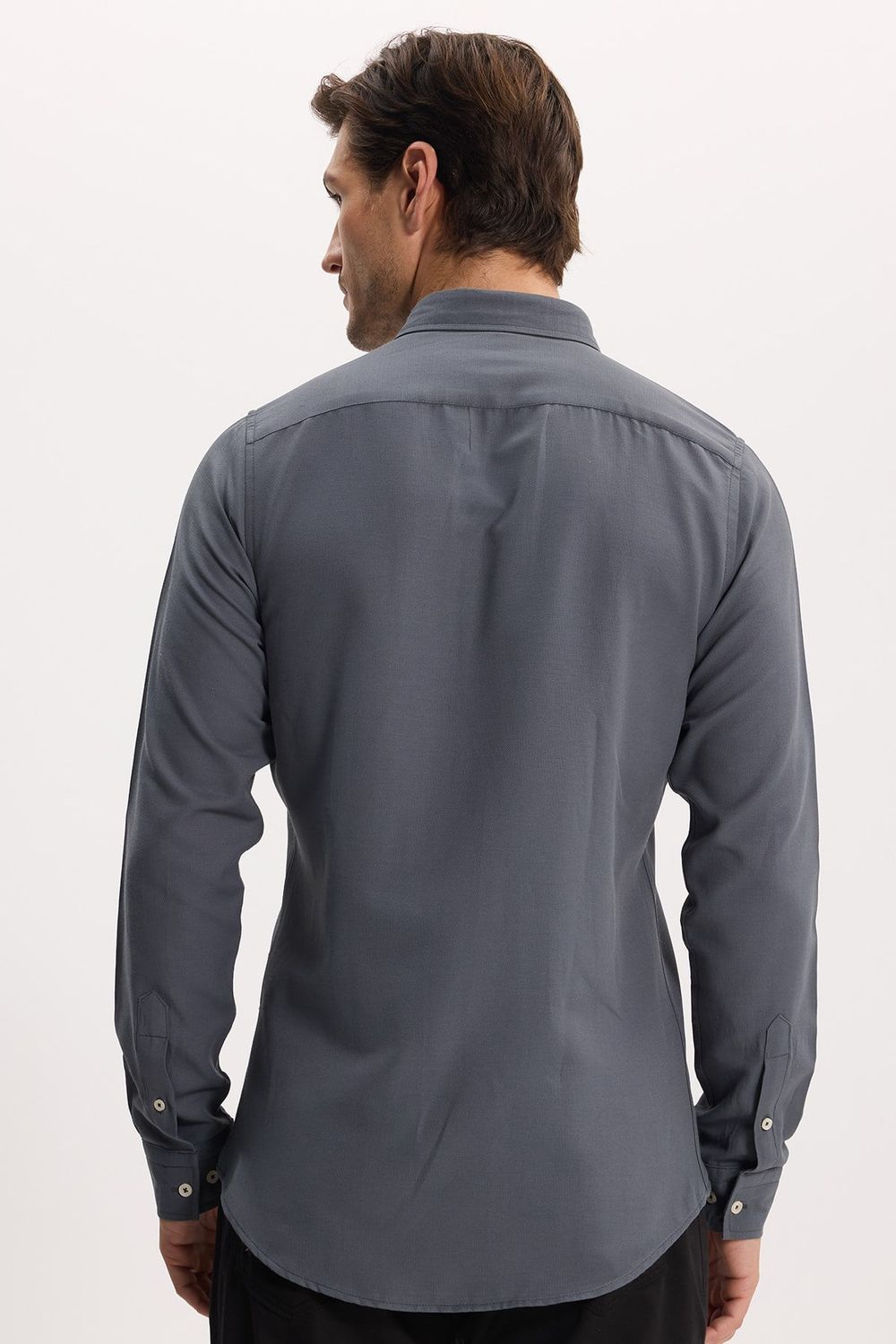 Erkek Slim Fit Dar Kesim Düz Oxford Armalı Düğmeli Yaka Antrasit Spor Gömlek