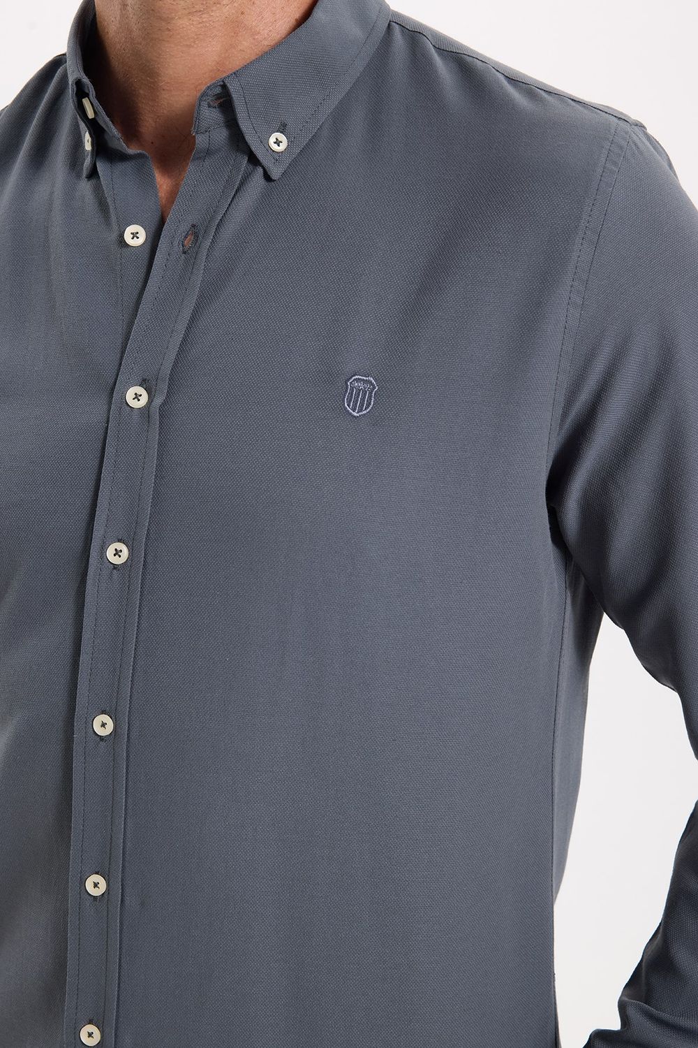Erkek Slim Fit Dar Kesim Düz Oxford Armalı Düğmeli Yaka Antrasit Spor Gömlek