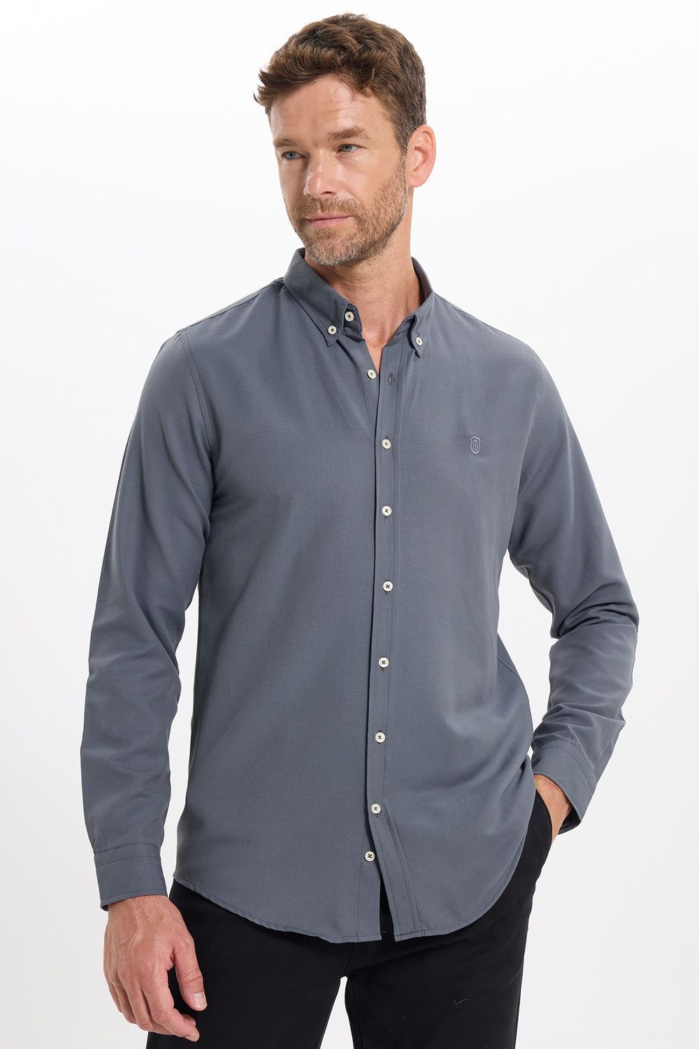 Erkek Slim Fit Dar Kesim Düz Oxford Armalı Düğmeli Yaka Antrasit Spor Gömlek