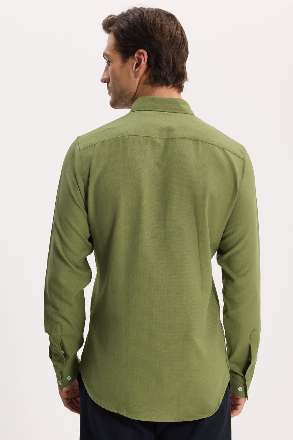 Erkek Slim Fit Dar Kesim Düz Oxford Armalı Düğmeli Yaka Yeşil Spor Gömlek