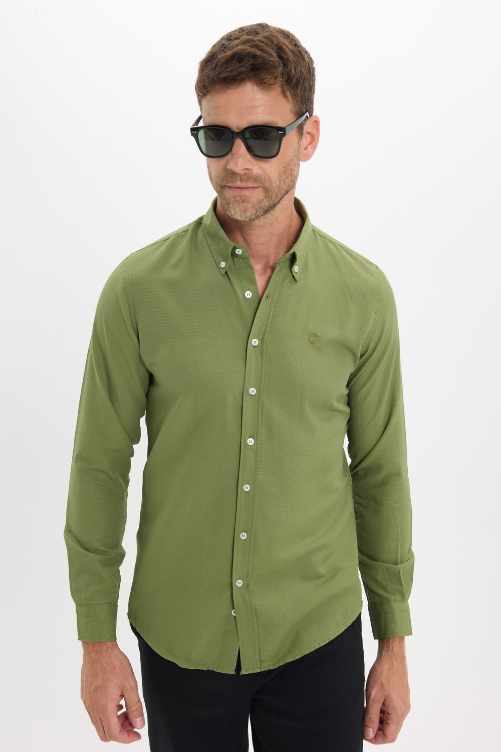 Erkek Slim Fit Dar Kesim Düz Oxford Armalı Düğmeli Yaka Yeşil Spor Gömlek