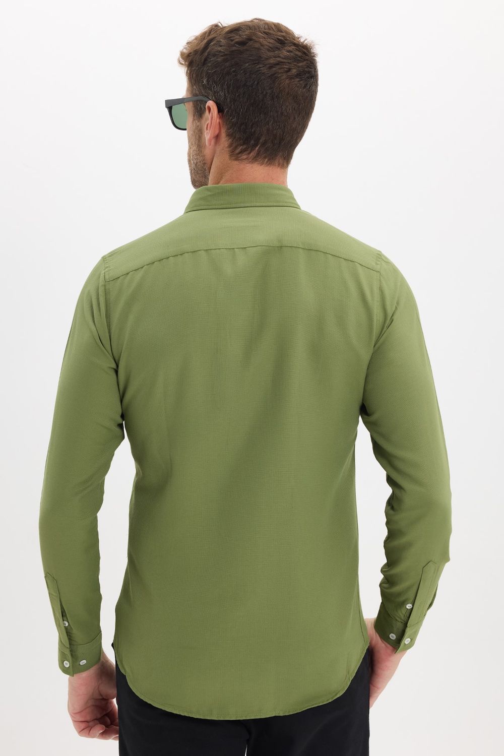 Erkek Slim Fit Dar Kesim Düz Oxford Armalı Düğmeli Yaka Yeşil Spor Gömlek