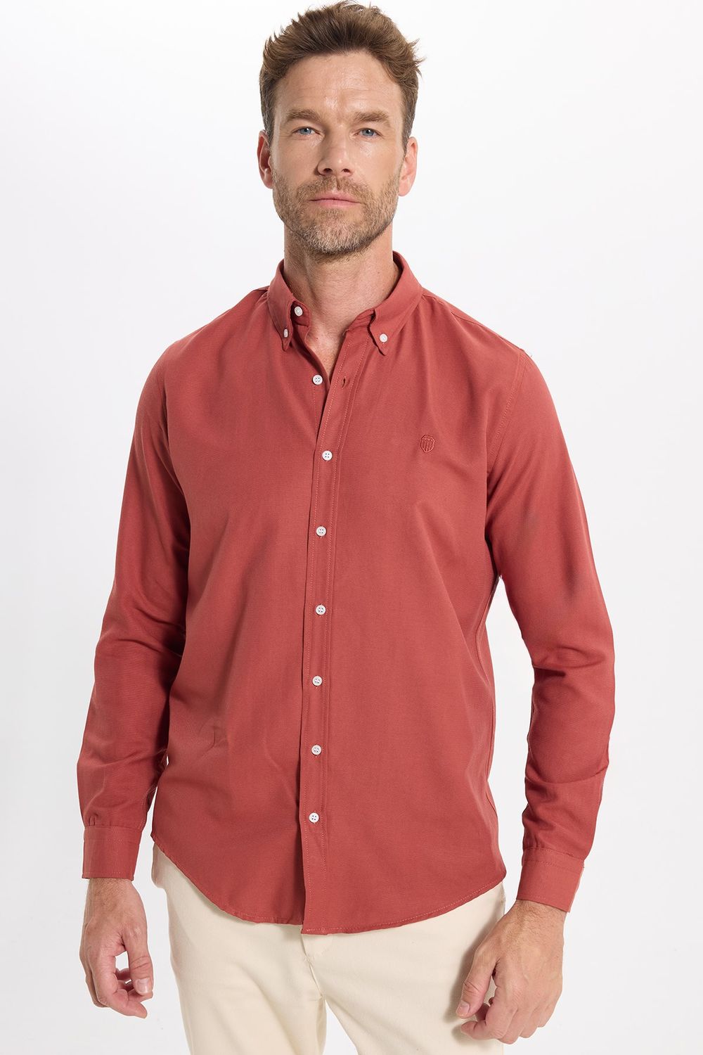 Erkek Slim Fit Dar Kesim Düz Oxford Armalı Düğmeli Yaka Kiremit Spor Gömlek