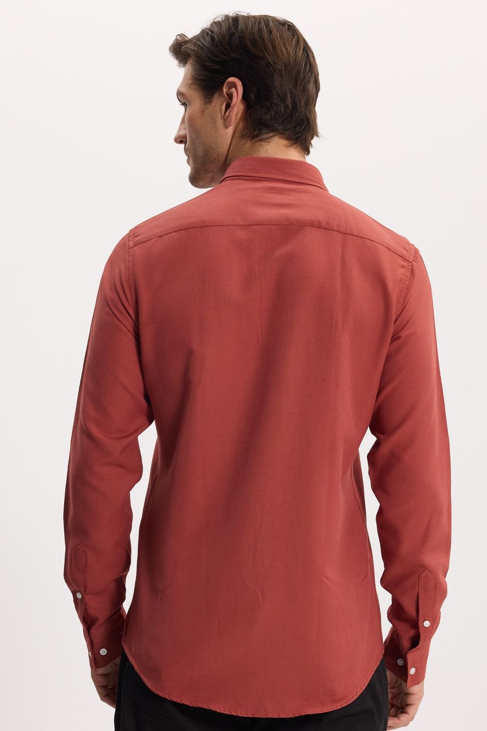 Erkek Slim Fit Dar Kesim Düz Oxford Armalı Düğmeli Yaka Kiremit Spor Gömlek