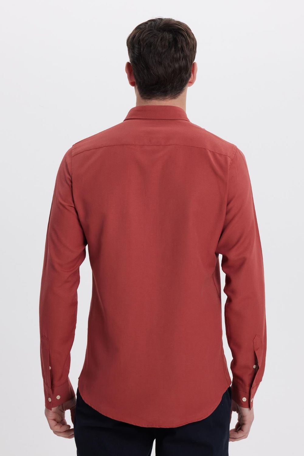 Erkek Slim Fit Dar Kesim Düz Oxford Armalı Yaka Düğmeli Kiremit Spor Gömlek
