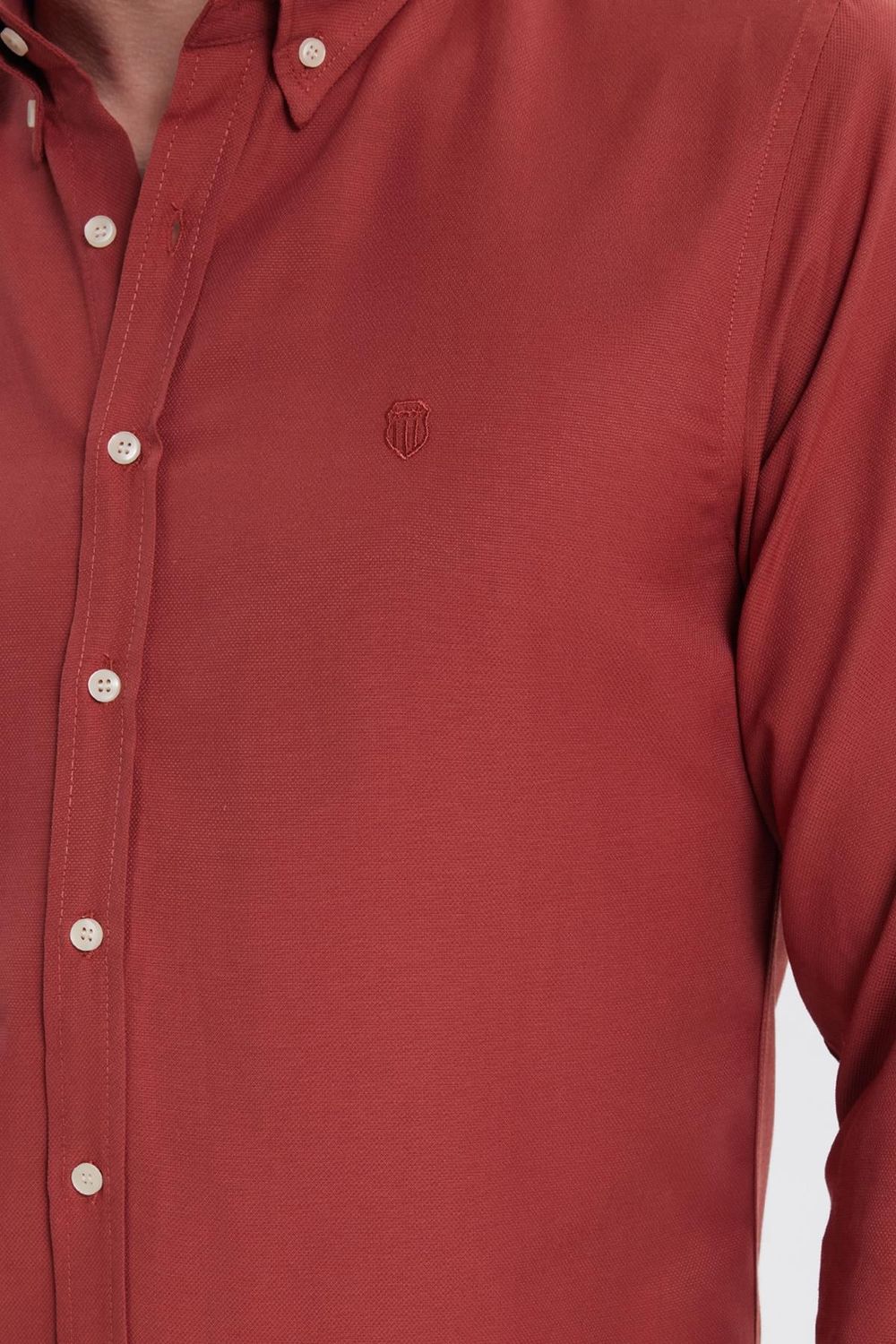 Erkek Slim Fit Dar Kesim Düz Oxford Armalı Yaka Düğmeli Kiremit Spor Gömlek