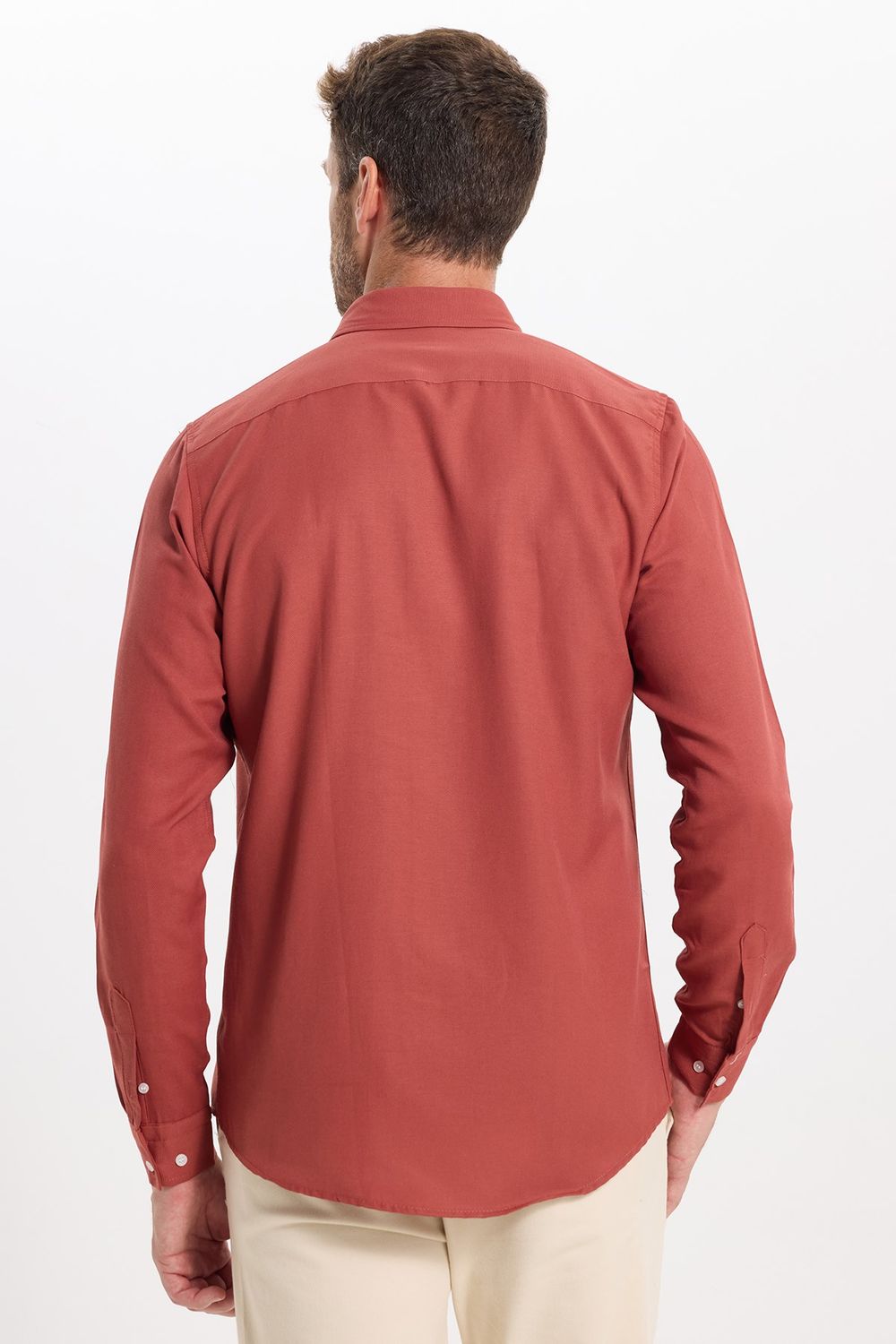 Erkek Slim Fit Dar Kesim Düz Oxford Armalı Düğmeli Yaka Kiremit Spor Gömlek