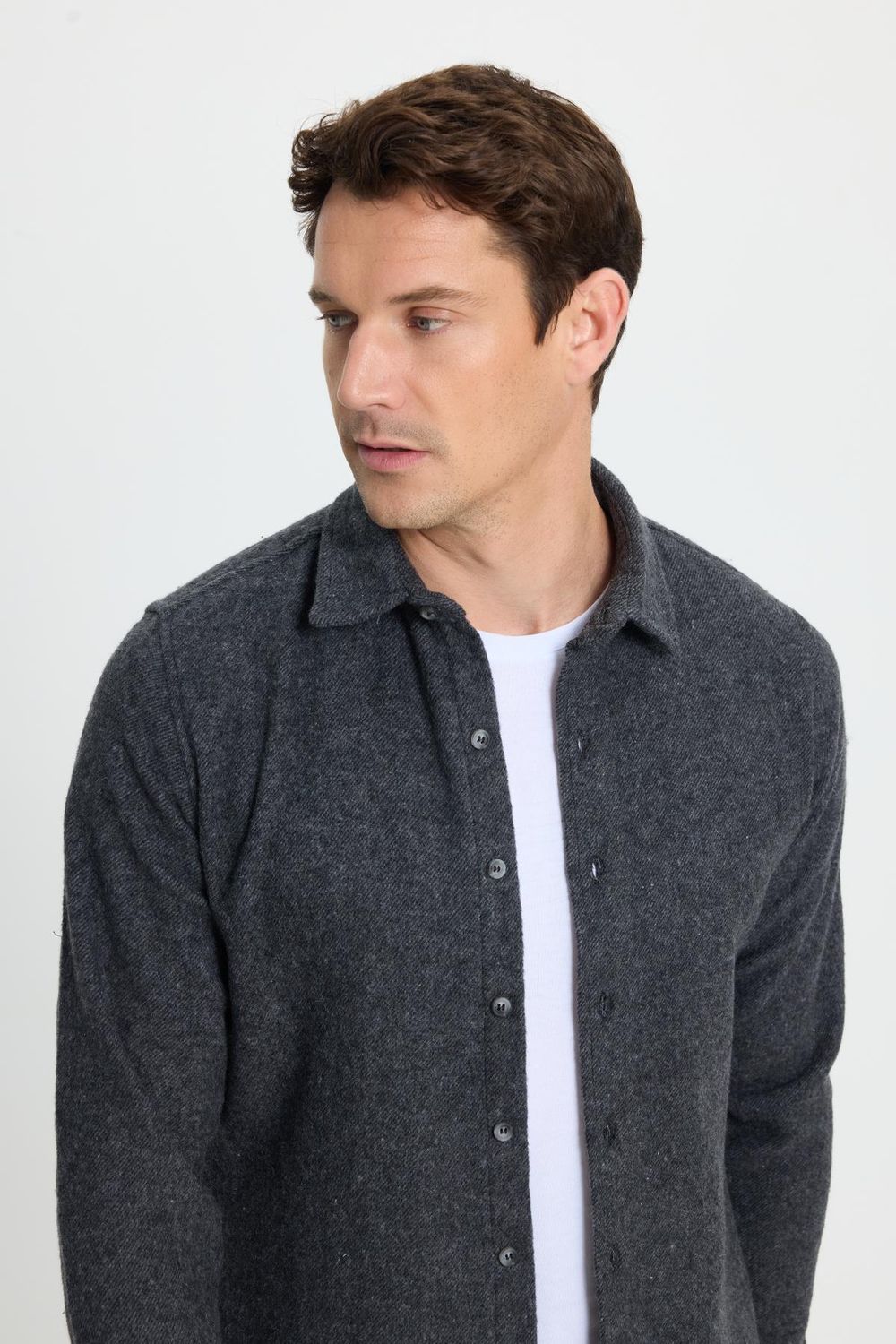 Erkek Slim Fit Dar Kesim Uzun Kollu Düz Kışlık Oduncu Koyu Gri Gömlek