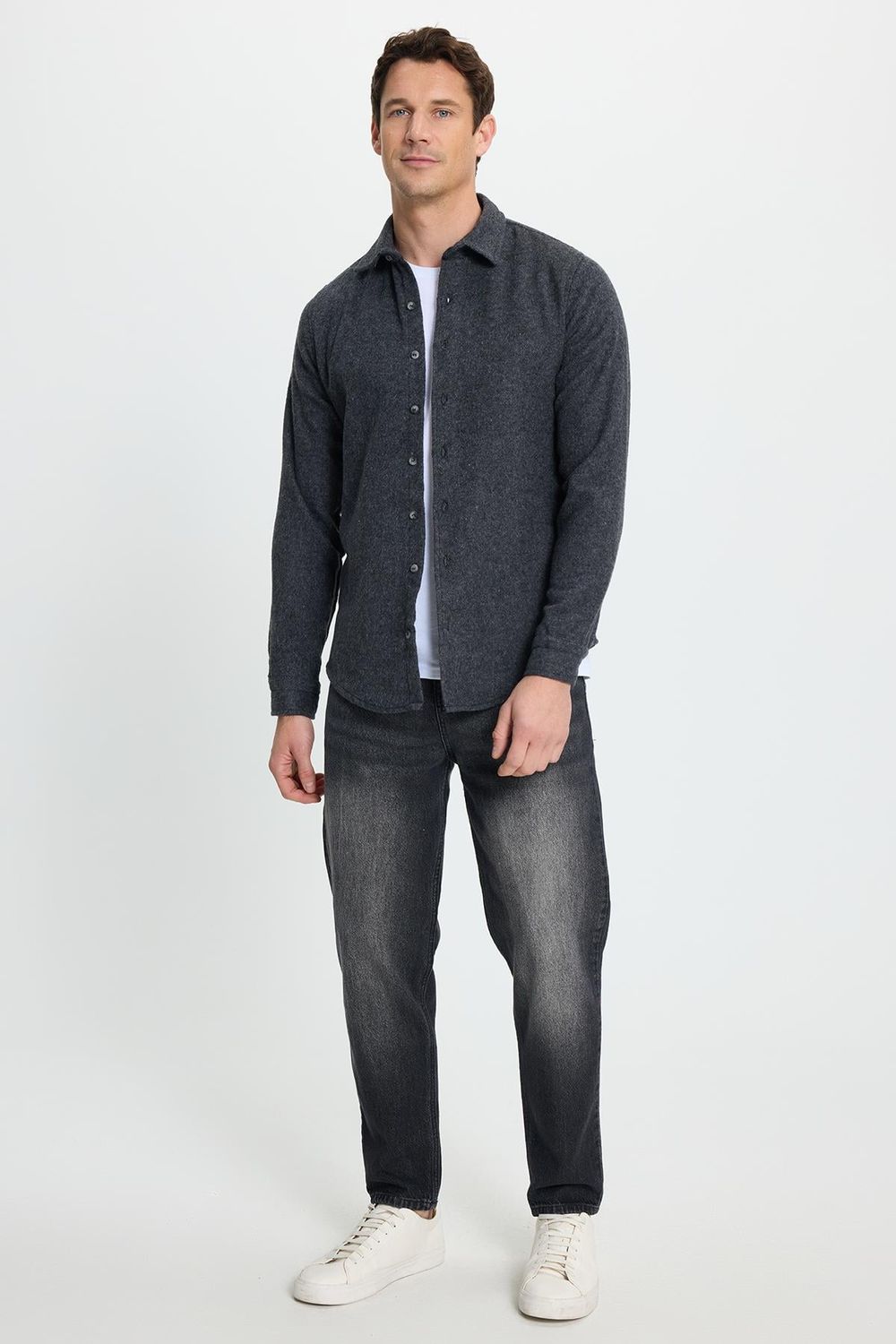 Erkek Slim Fit Dar Kesim Uzun Kollu Düz Kışlık Oduncu Koyu Gri Gömlek