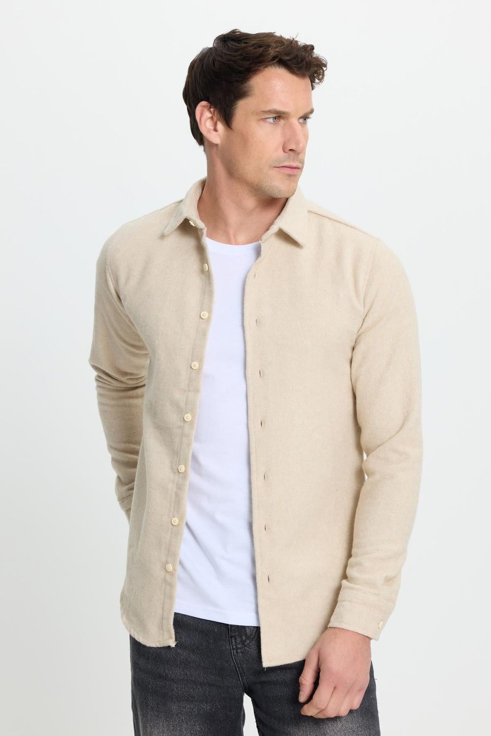 Erkek Slim Fit Dar Kesim Uzun Kollu Düz Kışlık Oduncu Bej Gömlek
