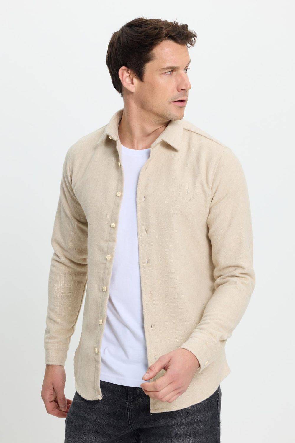 Erkek Slim Fit Dar Kesim Uzun Kollu Düz Kışlık Oduncu Bej Gömlek