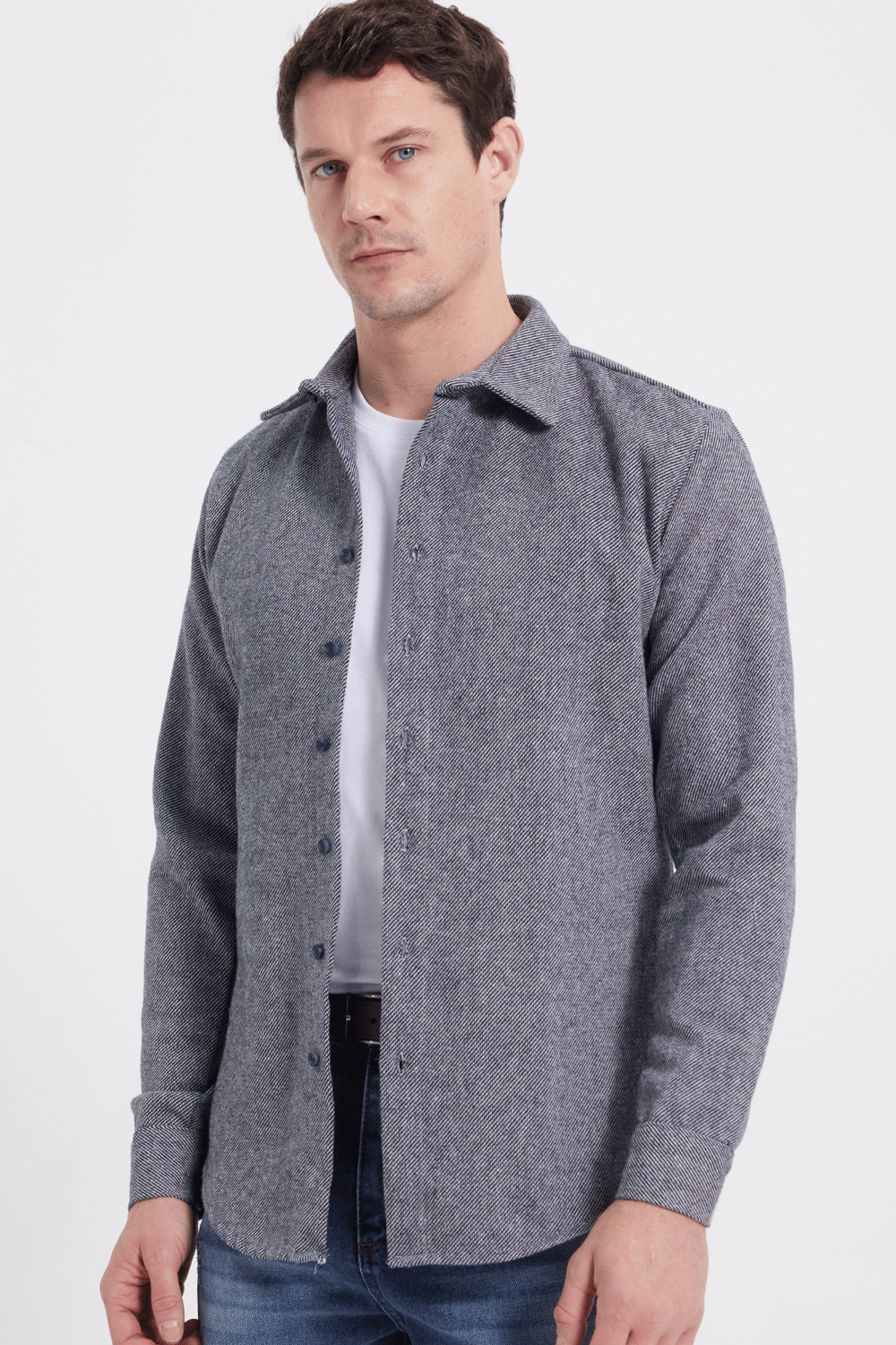 Erkek Slim Fit Dar Kesim Uzun Kollu Düz Kışlık Oduncu Gri Gömlek