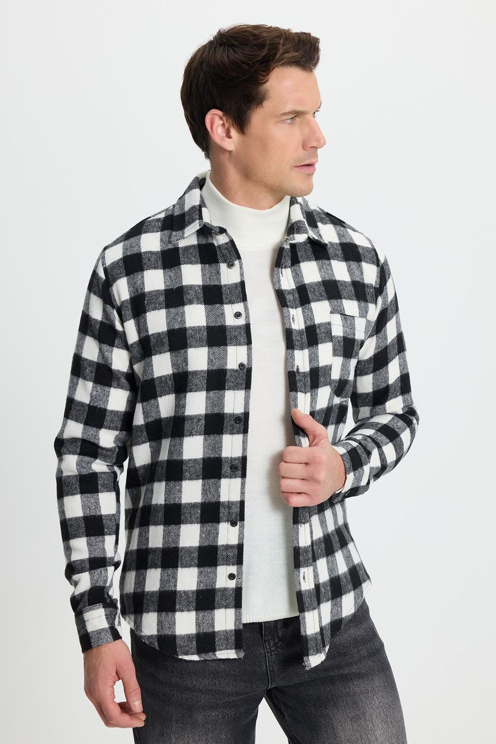 Erkek Slim Fit Dar Kesim Uzun Kollu Cepli Kareli Dama Desenli Kışlık Oduncu Gömlek