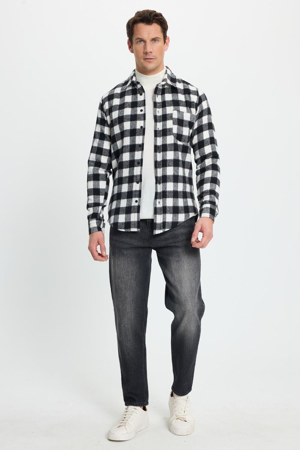 Erkek Slim Fit Dar Kesim Uzun Kollu Cepli Kareli Dama Desenli Kışlık Oduncu Gömlek