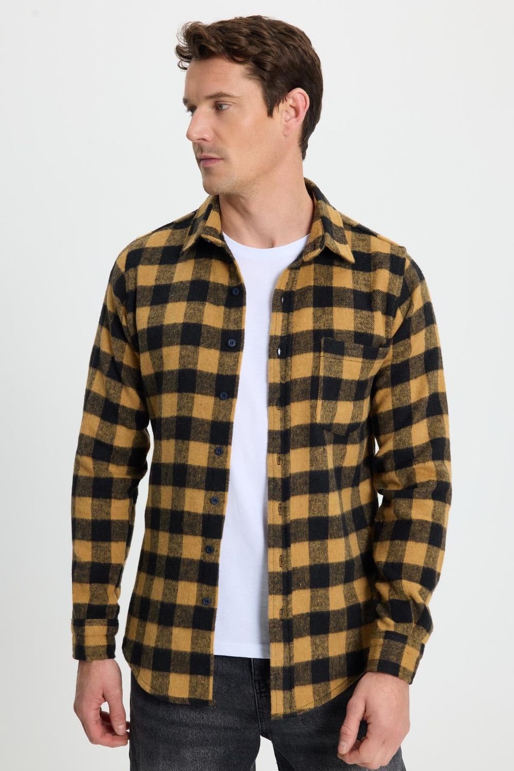 Erkek Slim Fit Dar Kesim Uzun Kollu Cepli Kareli Dama Desenli Kışlık Oduncu Gömlek