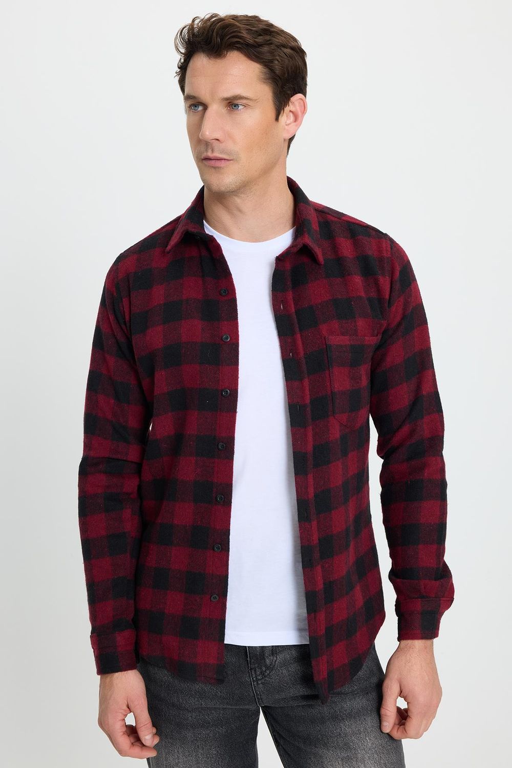 Erkek Slim Fit Dar Kesim Uzun Kollu Cepli Kareli Dama Desenli Kışlık Oduncu Gömlek