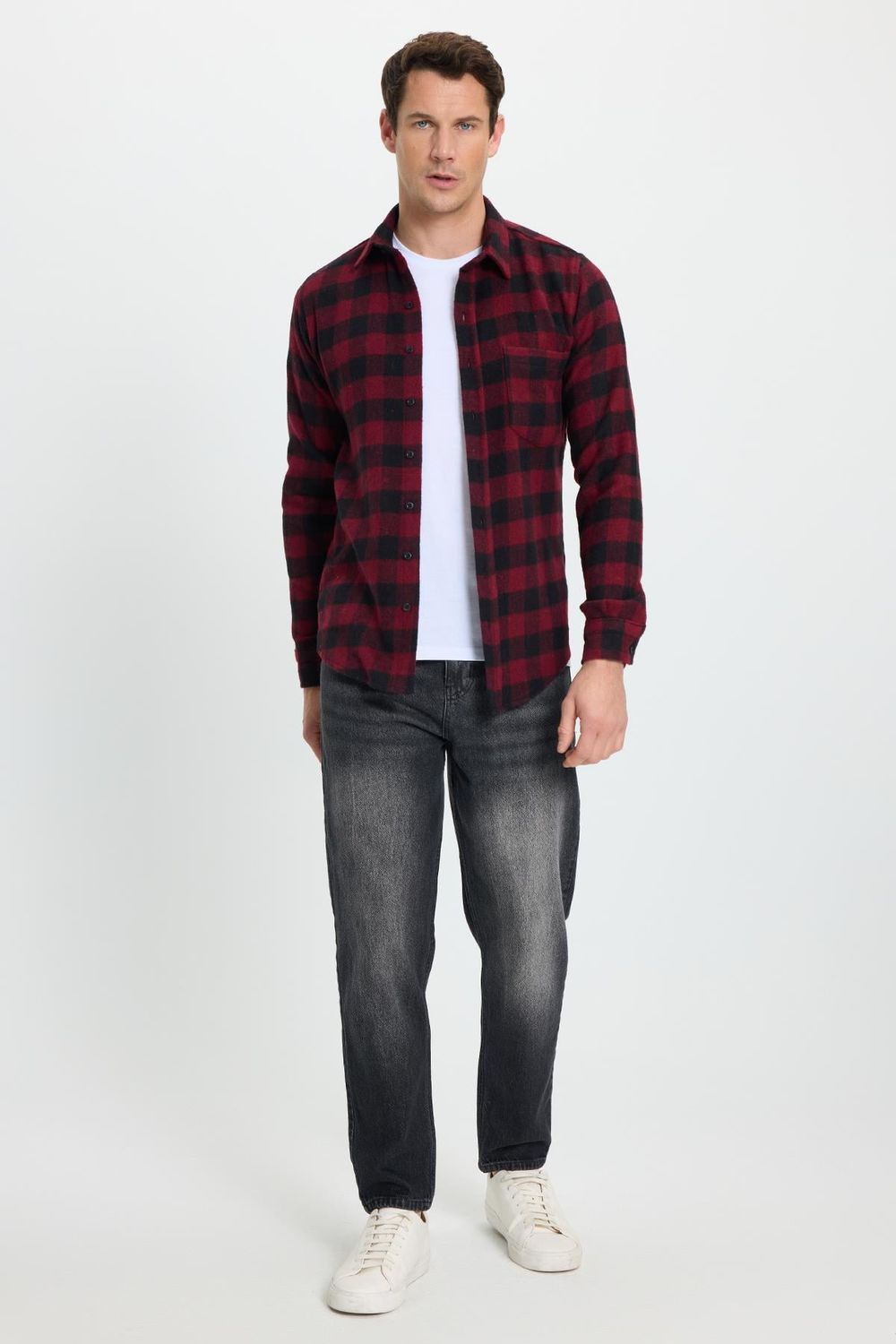 Erkek Slim Fit Dar Kesim Uzun Kollu Cepli Kareli Dama Desenli Kışlık Oduncu Gömlek
