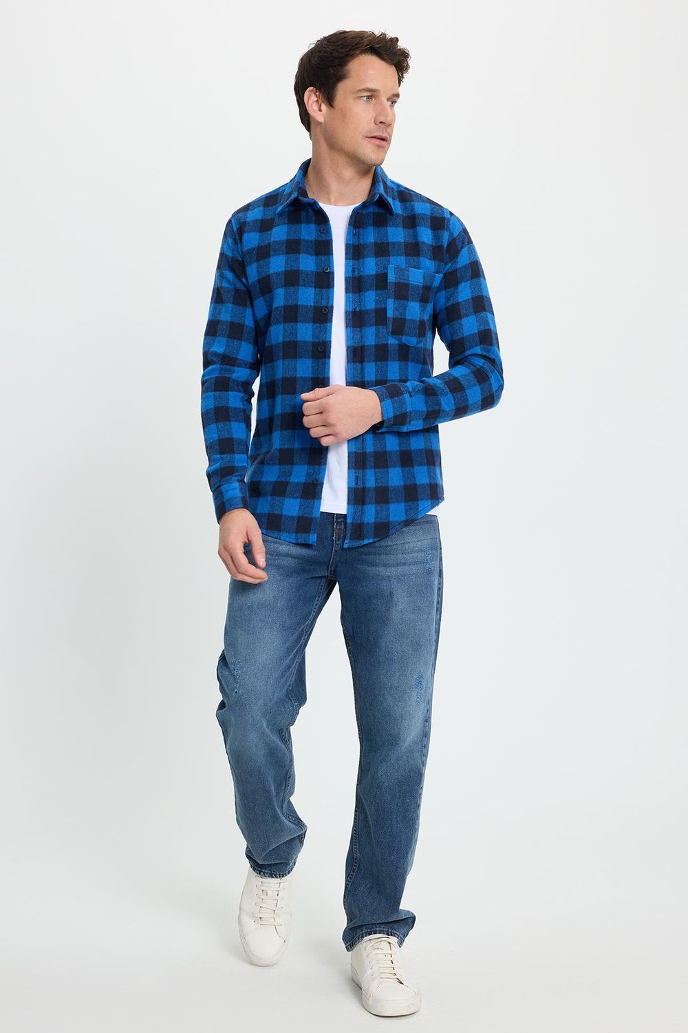Erkek Slim Fit Dar Kesim Uzun Kollu Cepli Kareli Dama Desenli Kışlık Oduncu Gömlek