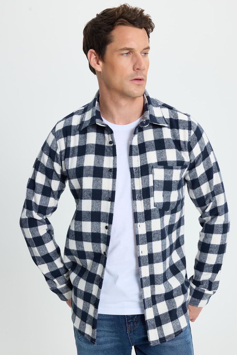 Erkek Slim Fit Dar Kesim Uzun Kollu Cepli Kareli Dama Desenli Kışlık Oduncu Gömlek