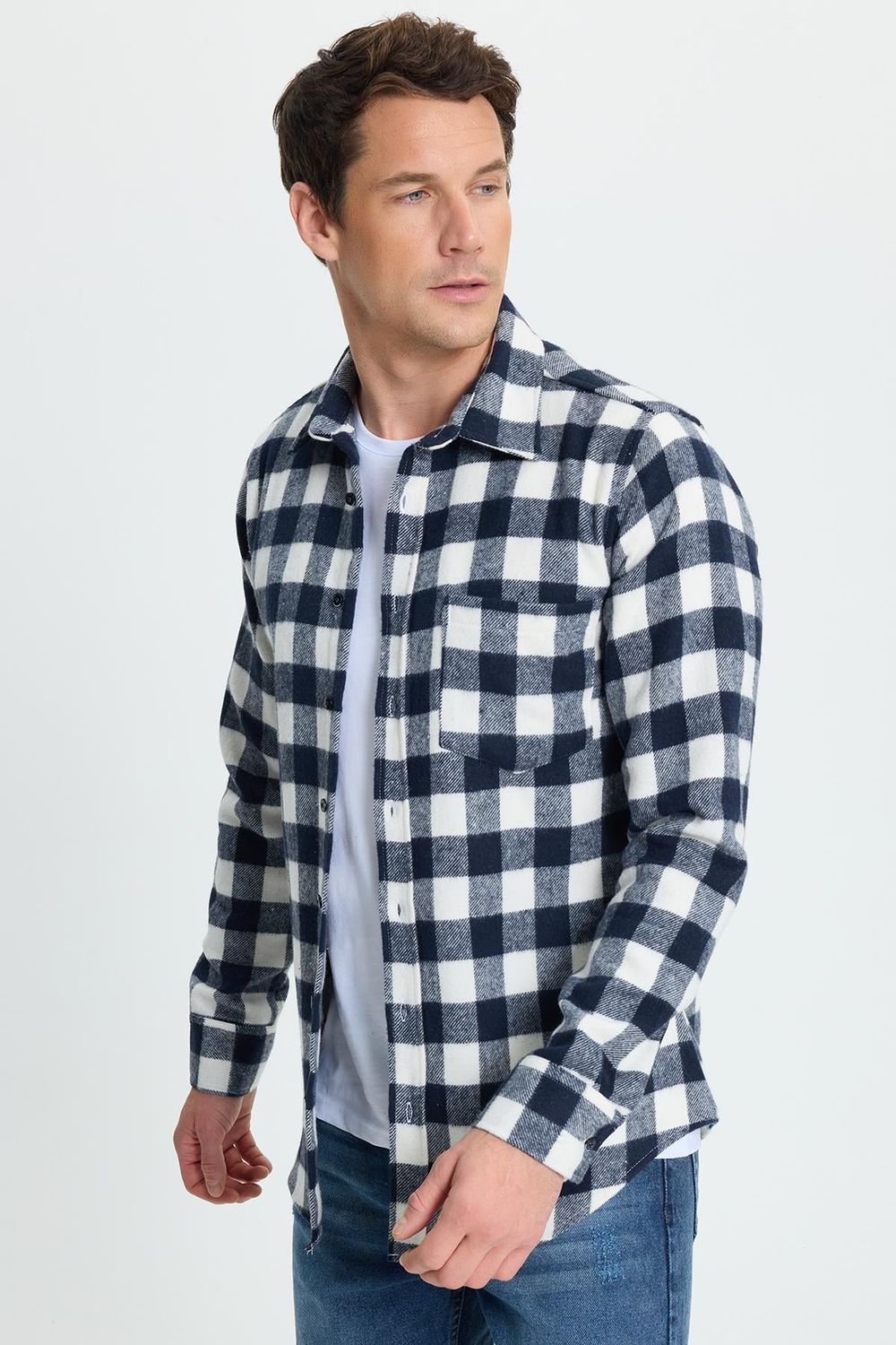 Erkek Slim Fit Dar Kesim Uzun Kollu Cepli Kareli Dama Desenli Kışlık Oduncu Gömlek