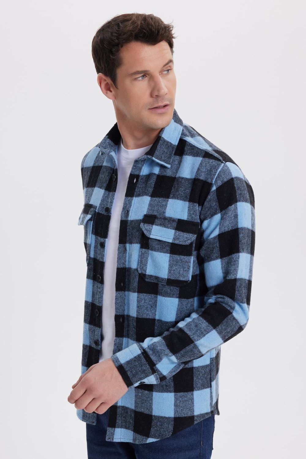 Erkek Slim Fit Dar Kesim Uzun Kollu Kapaklı Çift Cepli Kareli Kışlık Oduncu Gömlek