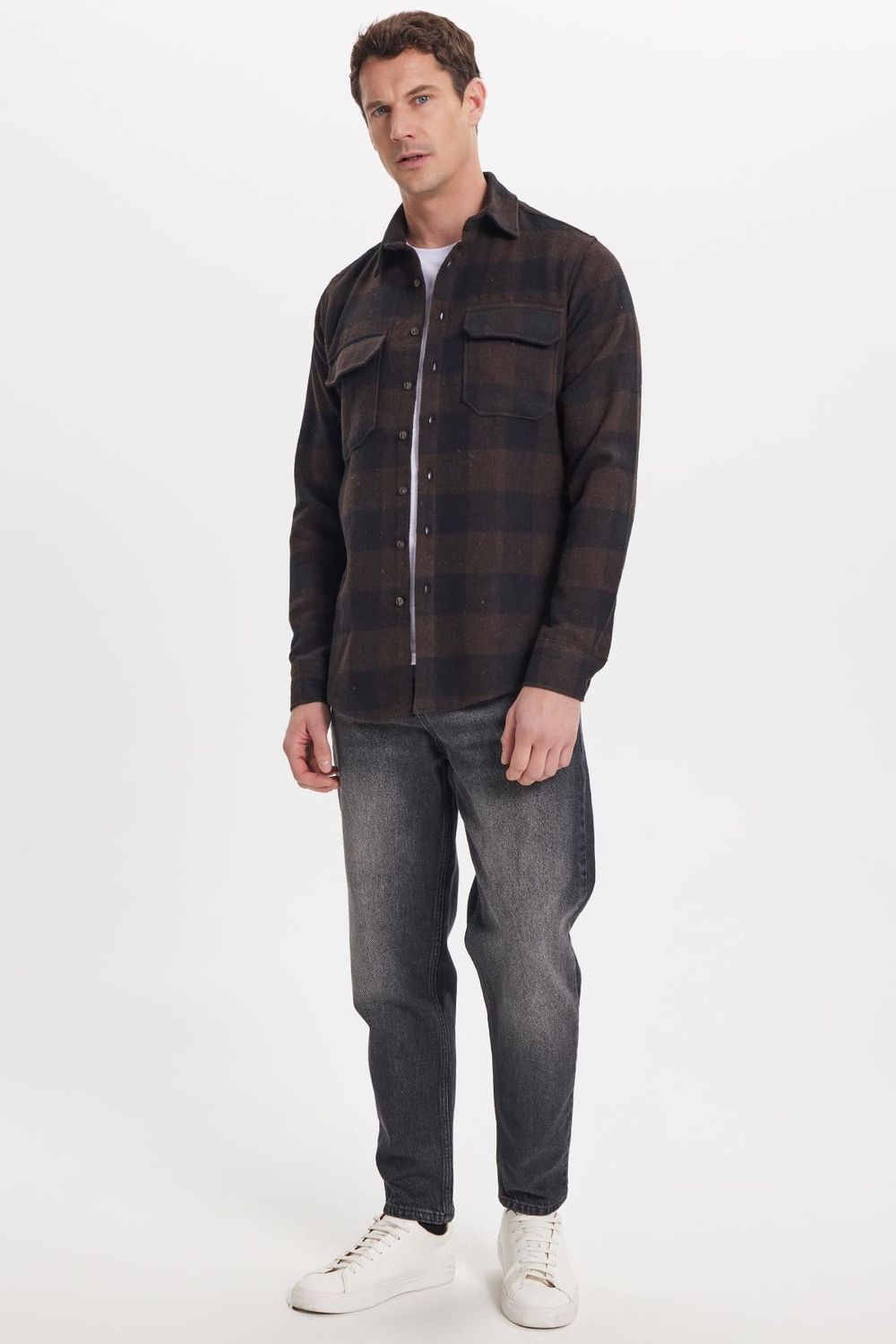 Erkek Slim Fit Dar Kesim Uzun Kollu Kapaklı Çift Cepli Kareli Kışlık Oduncu Gömlek
