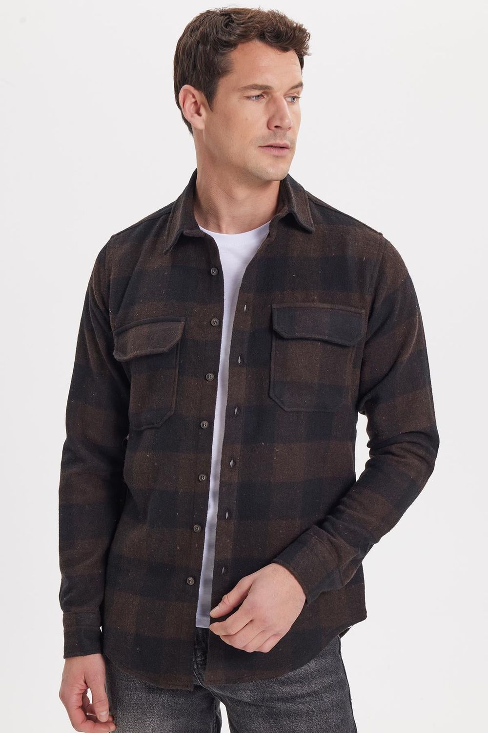 Erkek Slim Fit Dar Kesim Uzun Kollu Kapaklı Çift Cepli Kareli Kışlık Oduncu Gömlek