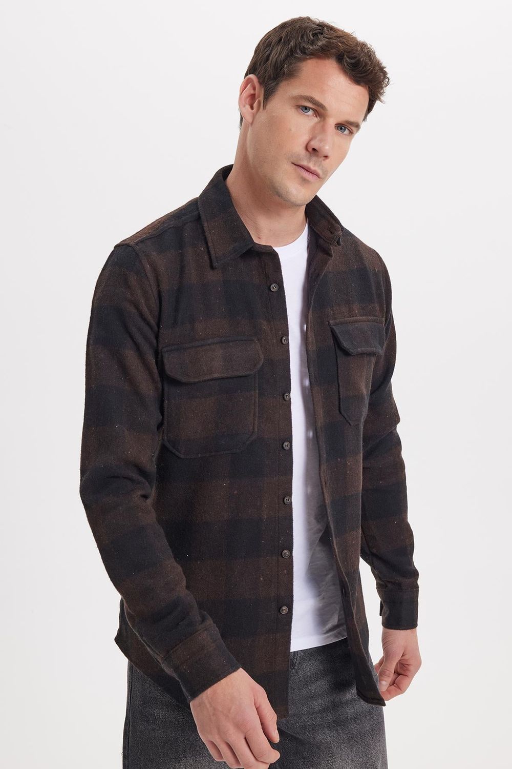 Erkek Slim Fit Dar Kesim Uzun Kollu Kapaklı Çift Cepli Kareli Kışlık Oduncu Gömlek