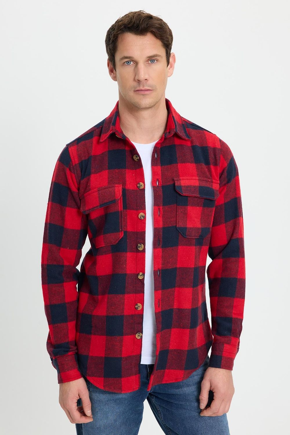 Erkek Slim Fit Dar Kesim Uzun Kollu Kapaklı Çift Cepli Kareli Kışlık Oduncu Gömlek