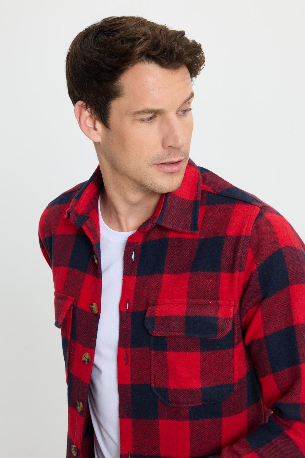 Erkek Slim Fit Dar Kesim Uzun Kollu Kapaklı Çift Cepli Kareli Kışlık Oduncu Gömlek