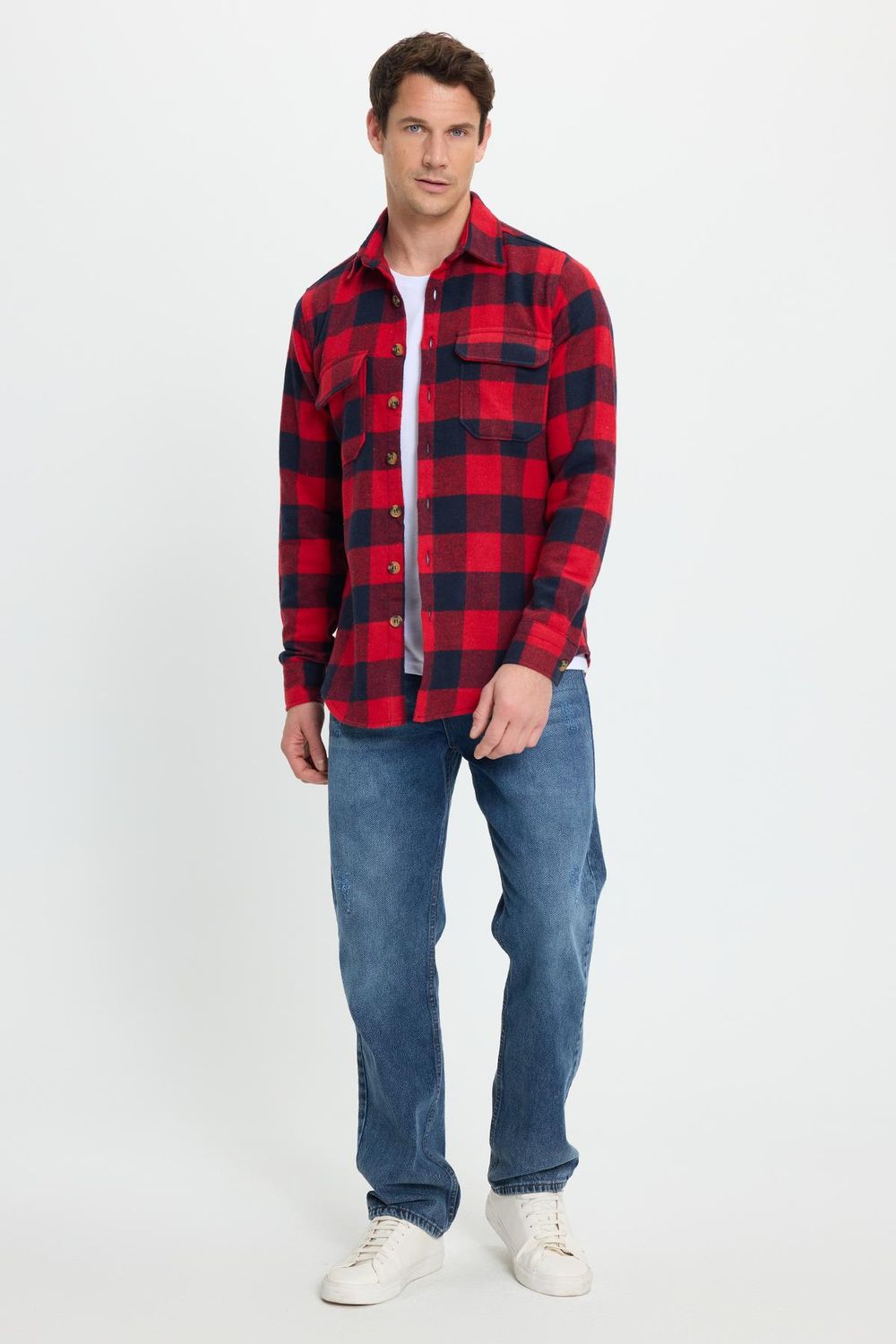 Erkek Slim Fit Dar Kesim Uzun Kollu Kapaklı Çift Cepli Kareli Kışlık Oduncu Gömlek