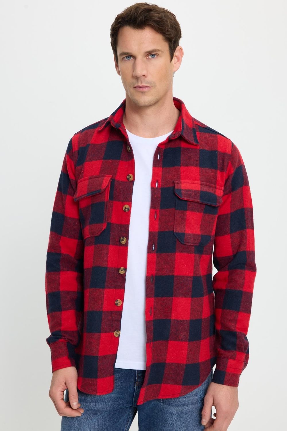 Erkek Slim Fit Dar Kesim Uzun Kollu Kapaklı Çift Cepli Kareli Kışlık Oduncu Gömlek