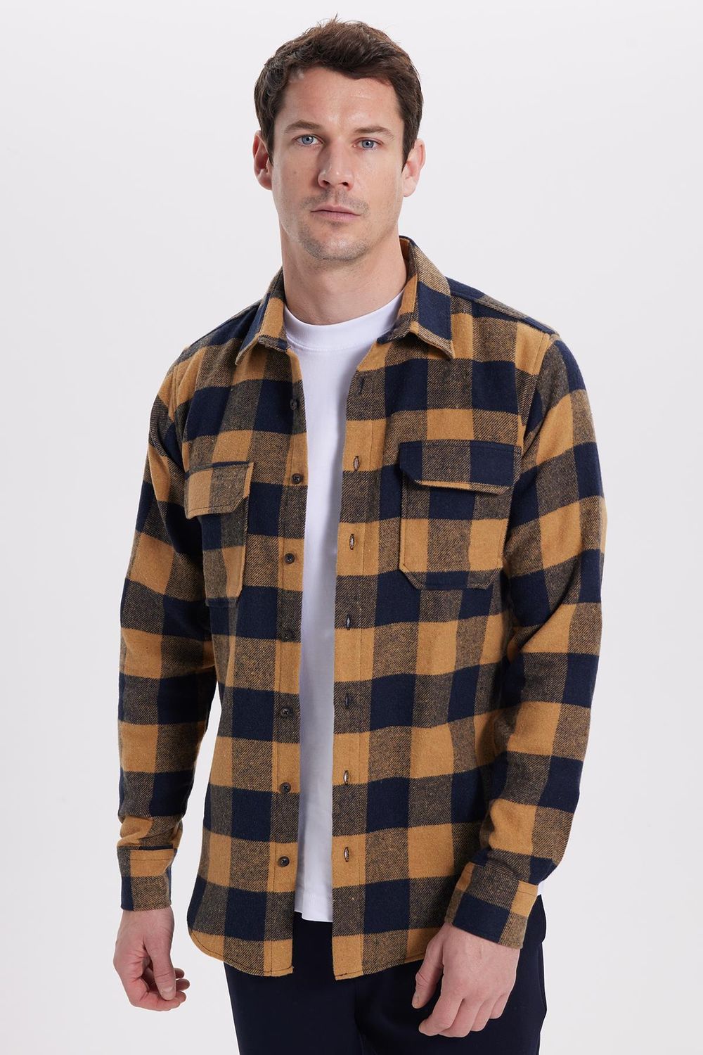 Erkek Slim Fit Dar Kesim Uzun Kollu Kapaklı Çift Cepli Kareli Kışlık Oduncu Gömlek