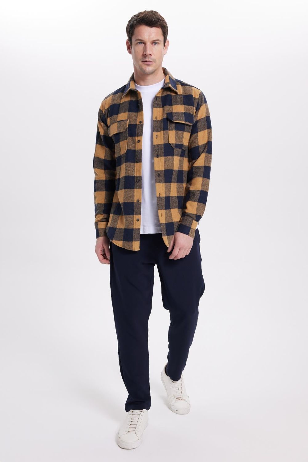 Erkek Slim Fit Dar Kesim Uzun Kollu Kapaklı Çift Cepli Kareli Kışlık Oduncu Gömlek