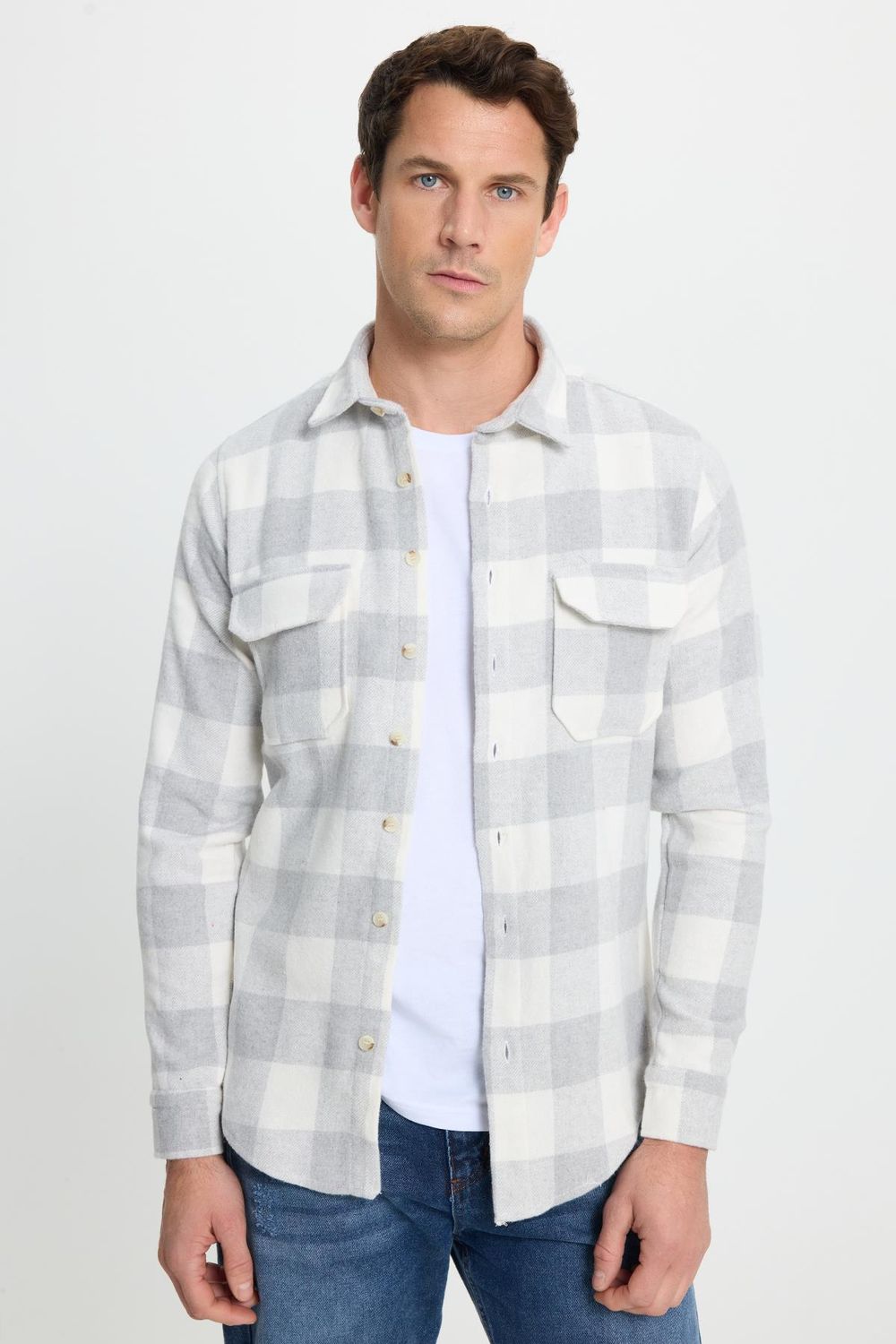 Erkek Slim Fit Dar Kesim Uzun Kollu Kapaklı Çift Cepli Kareli Kışlık Oduncu Gömlek