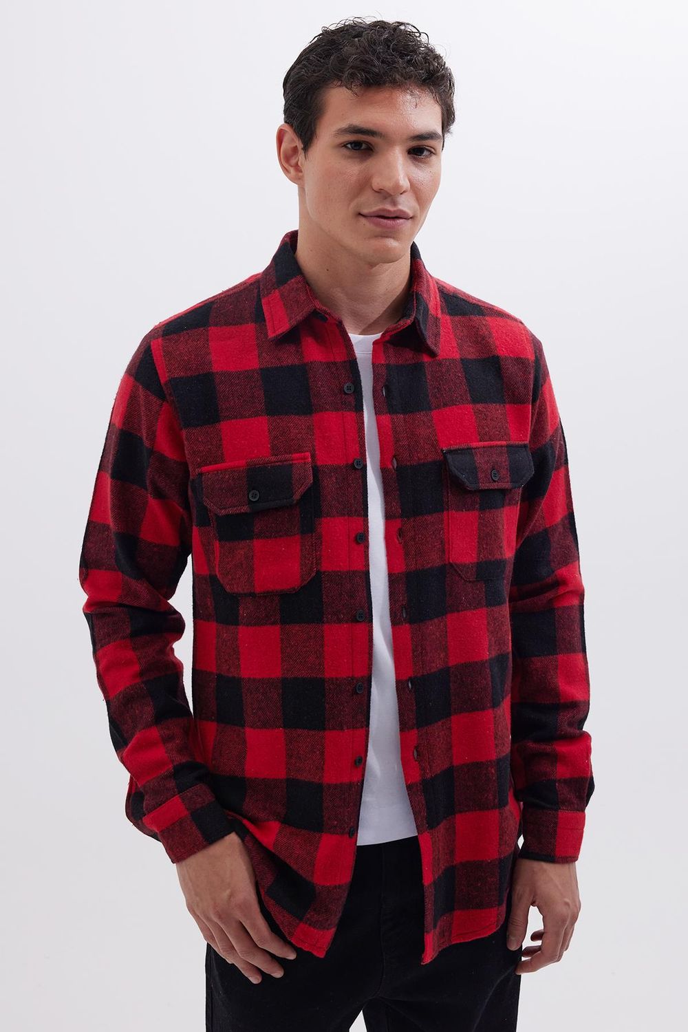 Erkek Slim Fit Dar Kesim Uzun Kollu Kapaklı Çift Cepli Kareli Kışlık Oduncu Gömlek
