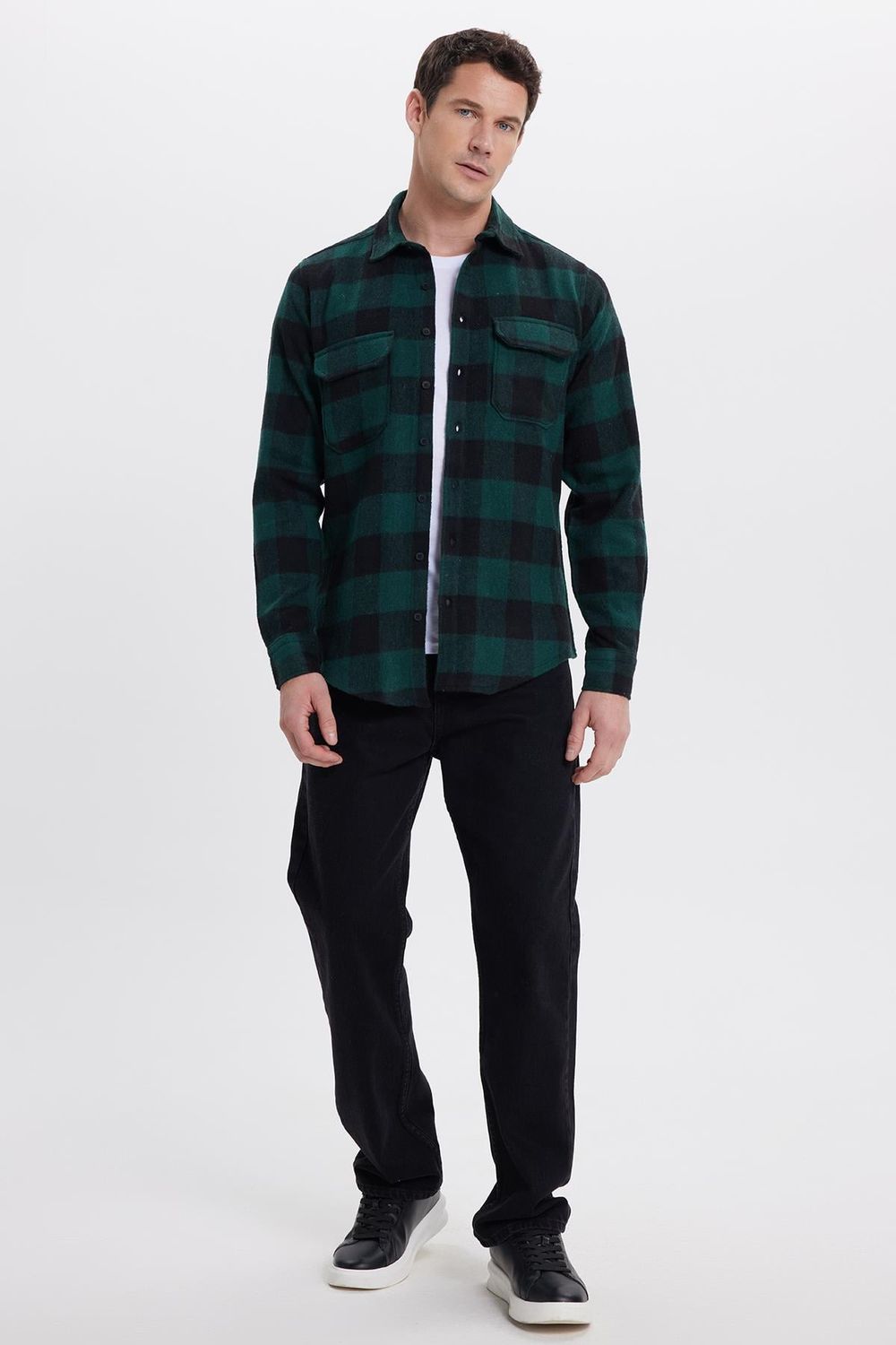 Erkek Slim Fit Dar Kesim Uzun Kollu Kapaklı Çift Cepli Kareli Kışlık Oduncu Gömlek