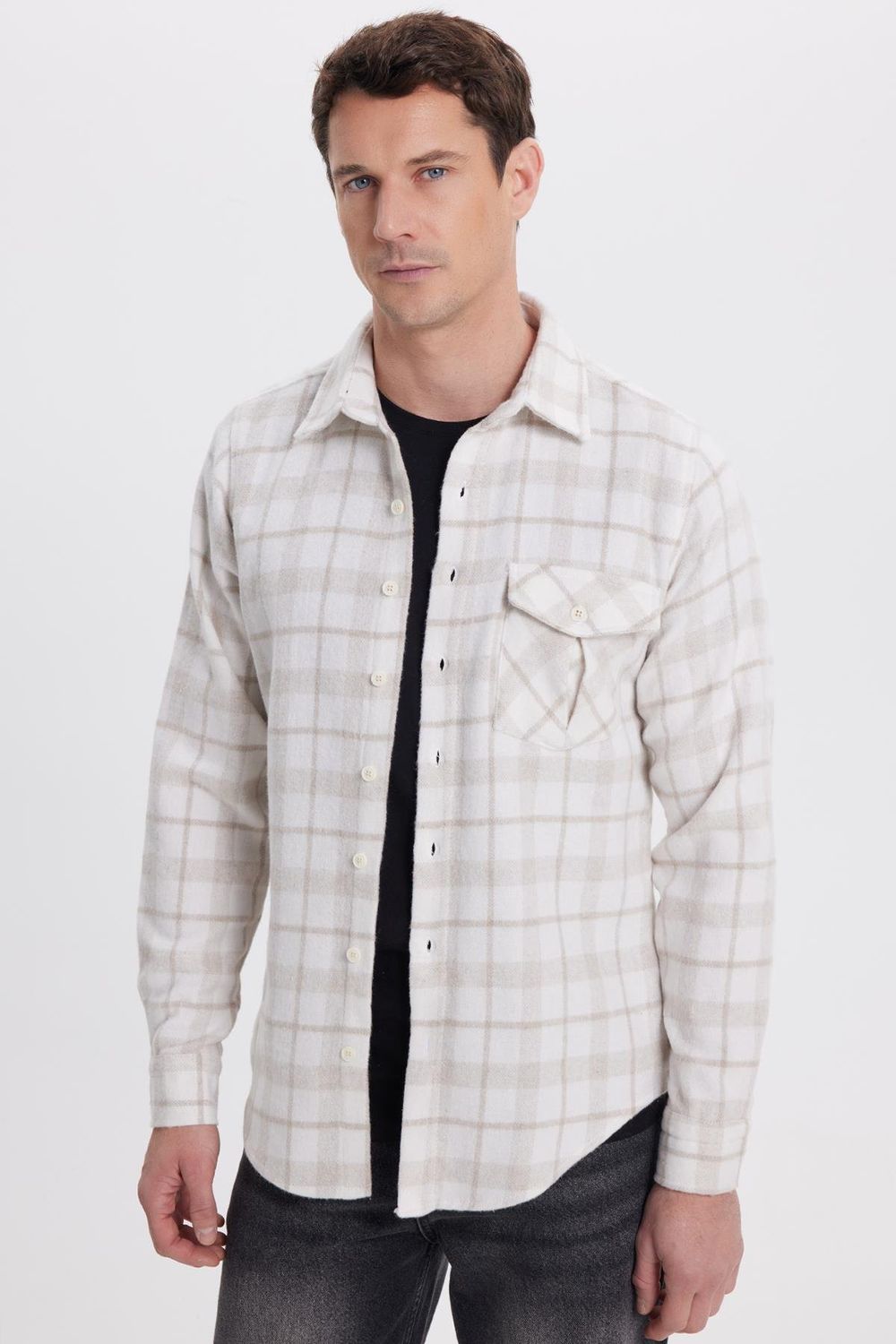 Erkek Slim Fit Dar Kesim Kareli Tek Cepli Oduncu Gömlek