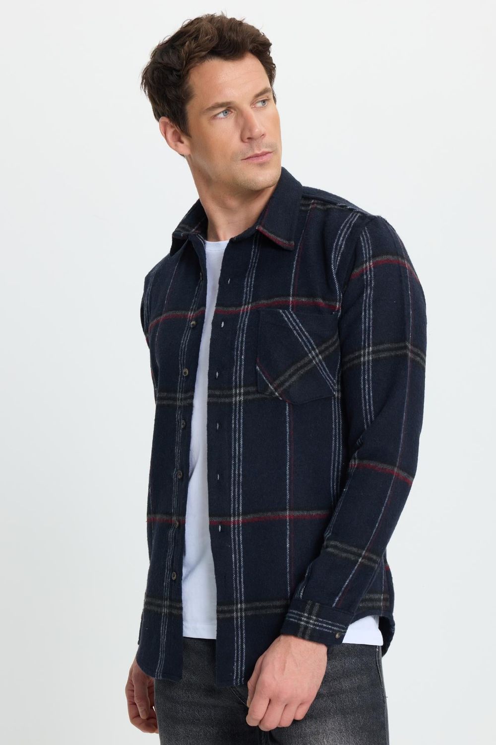 Erkek Slim Fit Dar Kesim Kareli Cepli Siyah Oduncu Gömlek
