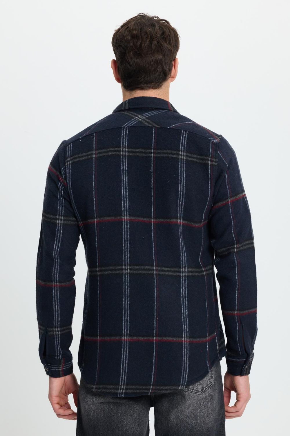 Erkek Slim Fit Dar Kesim Kareli Cepli Siyah Oduncu Gömlek