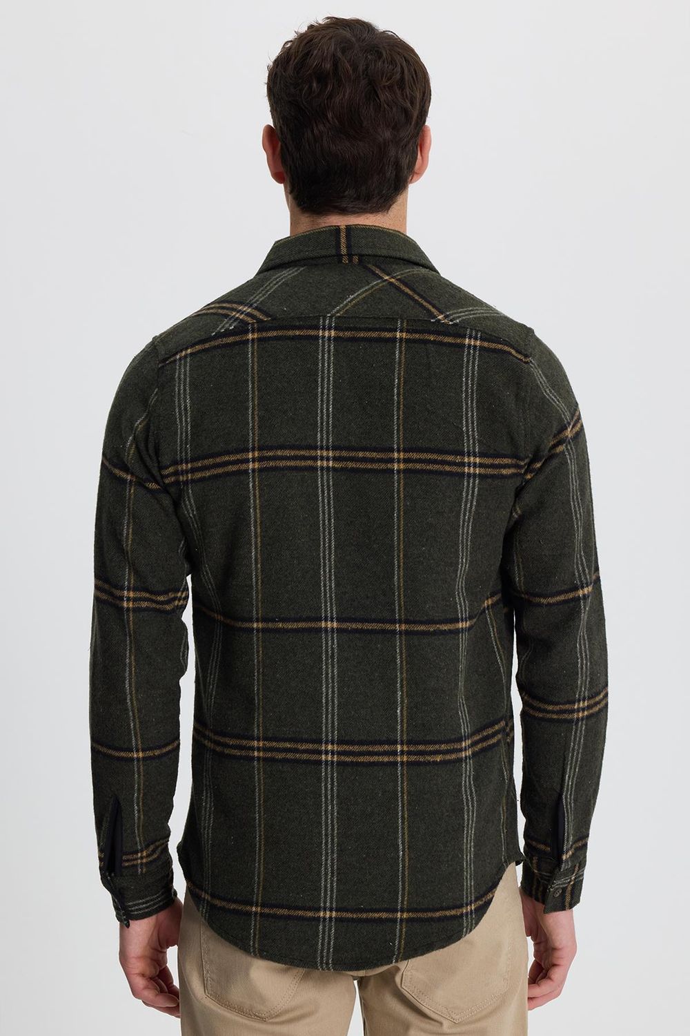 Erkek Slim Fit Dar Kesim Kareli Cepli Haki Oduncu Gömlek