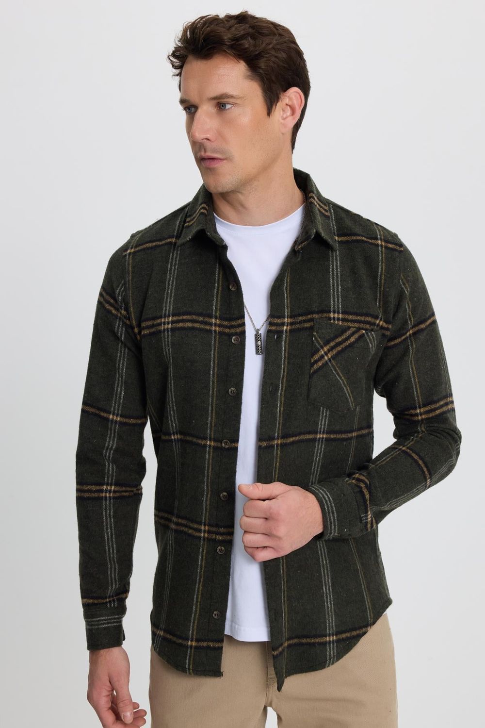 Erkek Slim Fit Dar Kesim Kareli Cepli Haki Oduncu Gömlek
