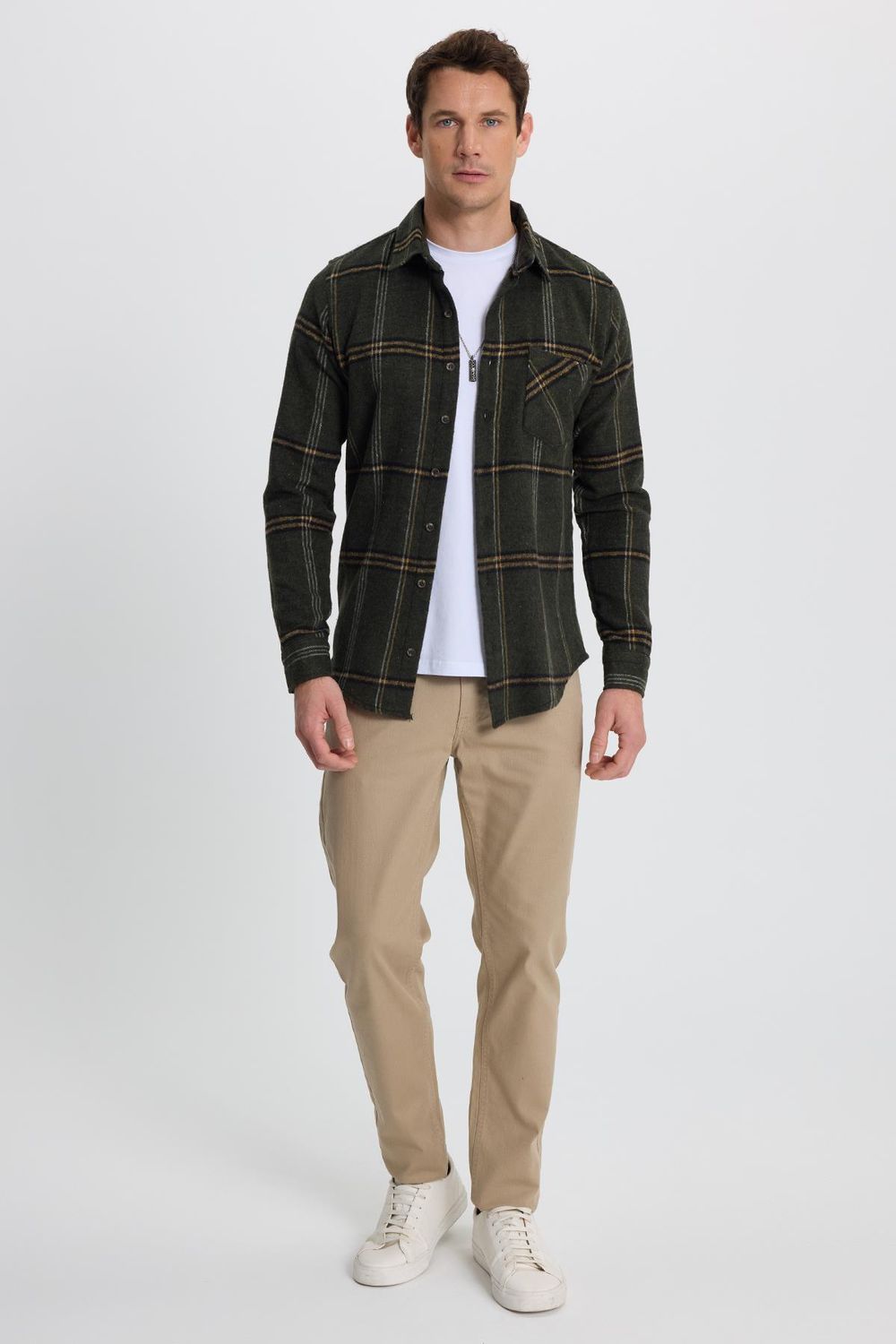 Erkek Slim Fit Dar Kesim Kareli Cepli Haki Oduncu Gömlek