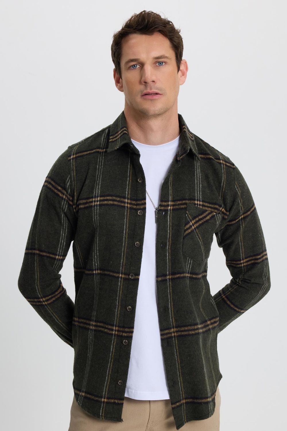 Erkek Slim Fit Dar Kesim Kareli Cepli Haki Oduncu Gömlek