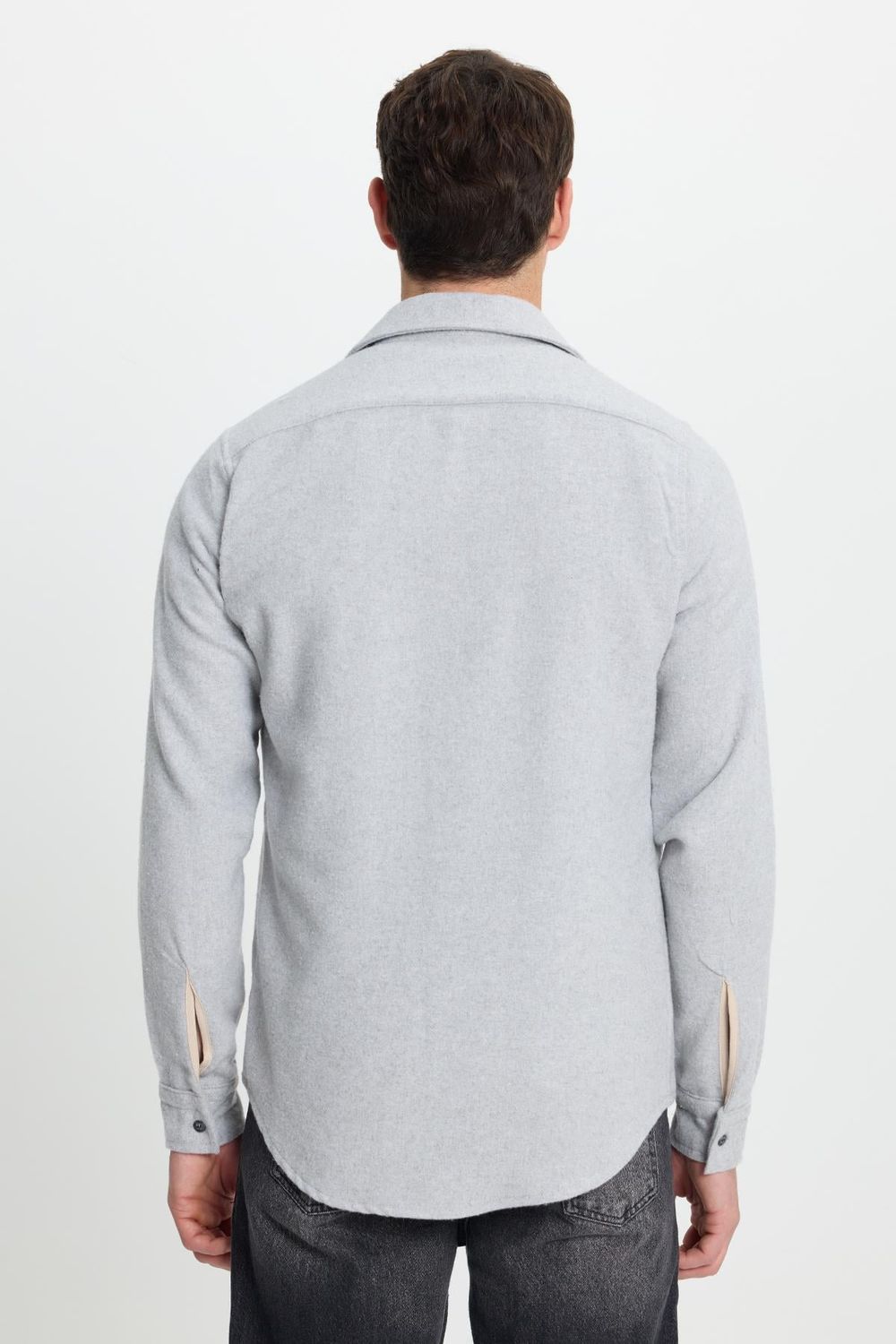 Erkek Slim Fit Tek Cep Kapaklı Düz Oduncu Spor Gri Gömlek