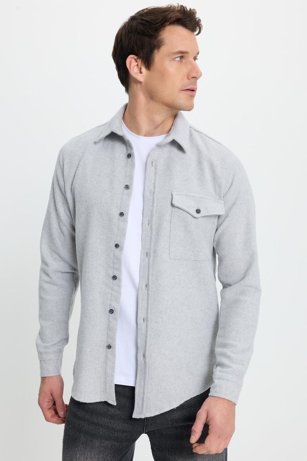 Erkek Slim Fit Tek Cep Kapaklı Düz Oduncu Spor Gri Gömlek