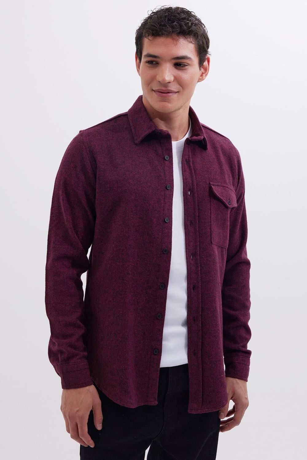 Erkek Slim Fit Tek Cep Kapaklı Düz Oduncu Spor Bordo Gömlek