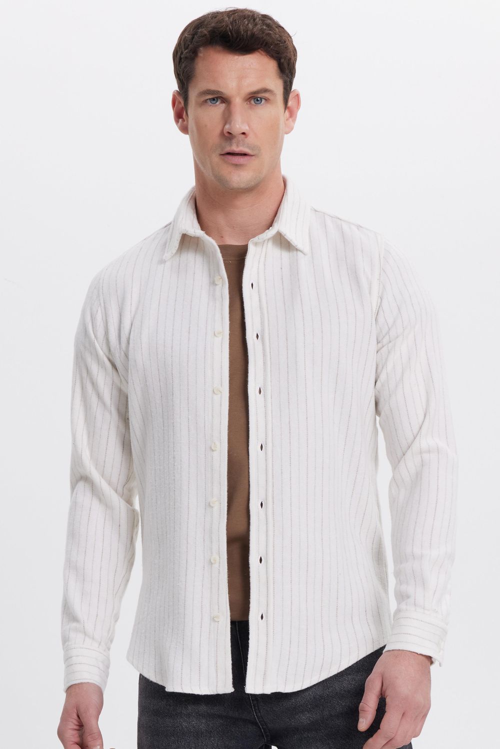 Erkek Slim Fit Dar Kesim Yaka Düğmeli Çizgili Oduncu Gömlek