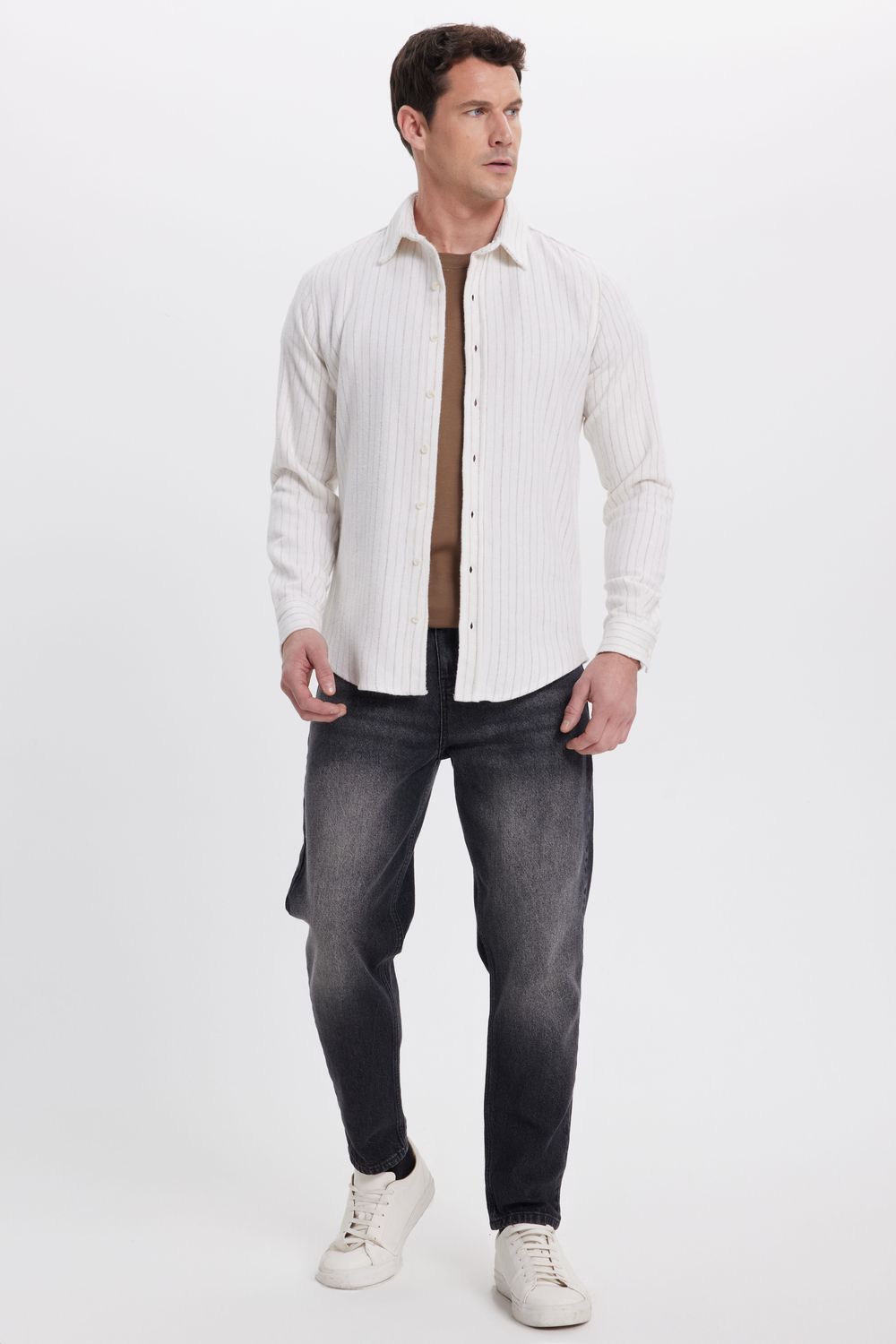 Erkek Slim Fit Dar Kesim Yaka Düğmeli Çizgili Oduncu Gömlek