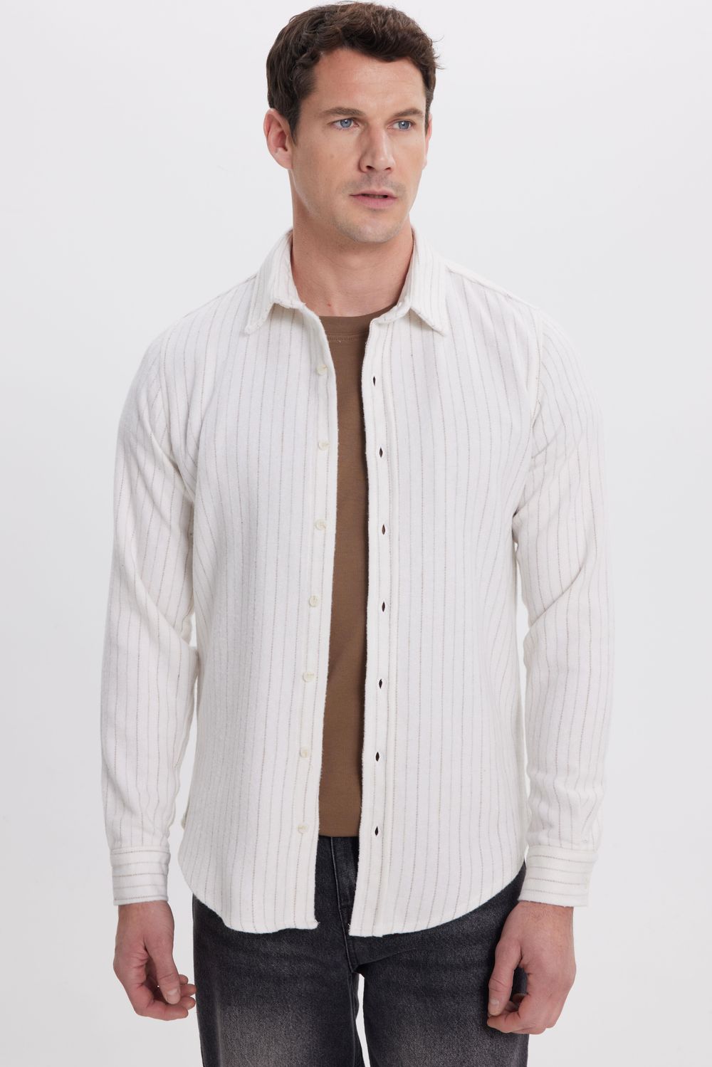 Erkek Slim Fit Dar Kesim Yaka Düğmeli Çizgili Oduncu Gömlek